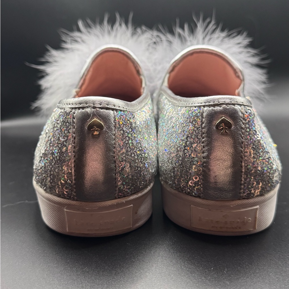 Kate Spade New York Glitter Slip-On Sneakers with Pom Poms –Silver Sparkle SZ8 - Picture 5 of 6